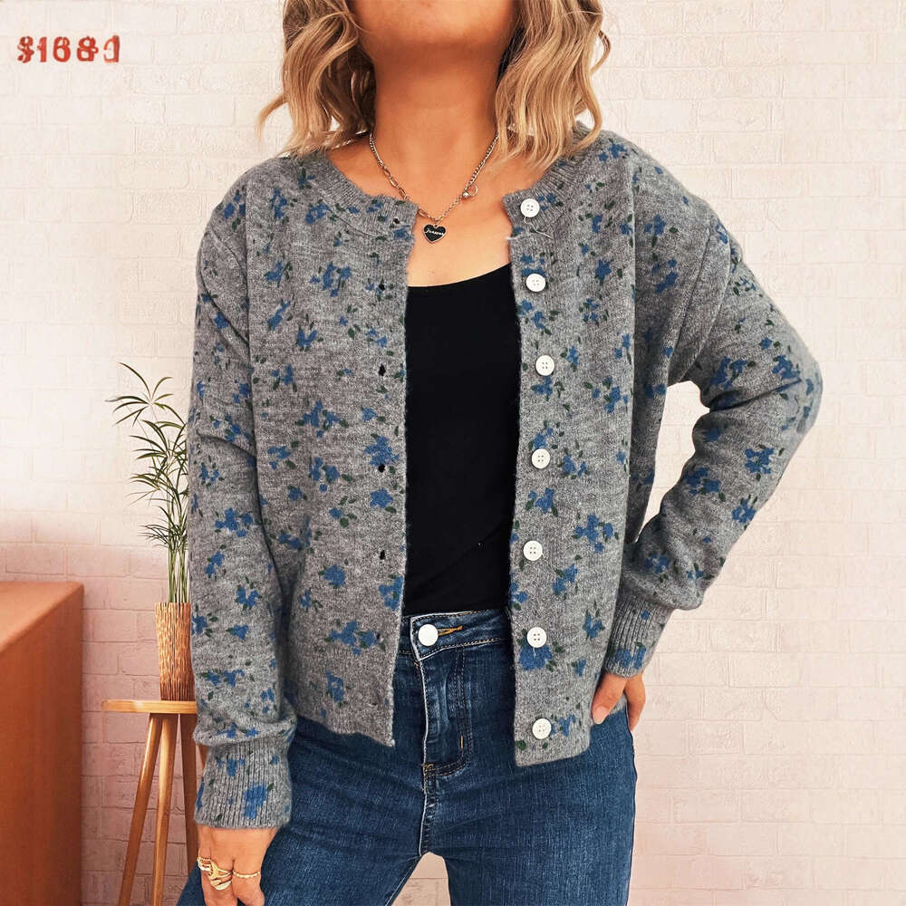 Autumn and Winter New Simple Floral Print Knitted Cardigan Commuter Round Neck Long Sleeve Jacket for Women