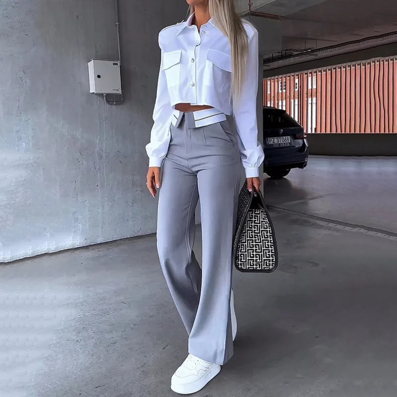 fall spring Women Two Piece Set Office Simple Solid Lapel Long Sleeve white Shirt Top gray Pants blazer elegant Y2K 240226wtt