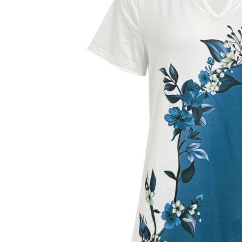 Women's Short Sleeve Notch V-Neck Floral Print Color Block Top - Summer Casual Homewear T-Shirt-CF50256