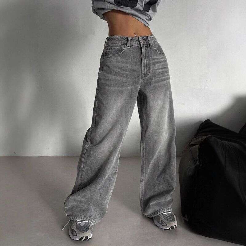 Women's Clothing Street Retro Smoky Gray Washed Jeans Autumn And Winter High Waist Loose Wide Leg Mopping Pants