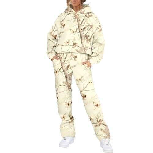 Women's Camouflage Leaf Sports Two-Piece Hooded Long Sleeve Sweatshirt and Sweatpants Set