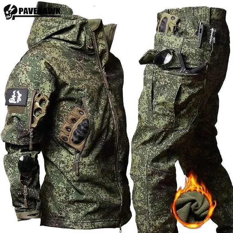 Winter Thicken Men Camo Suit Waterproof Tactical Training Set Multipocket Hooded Jacket Fleece Pants Outdoor Hunting 2piece W250928