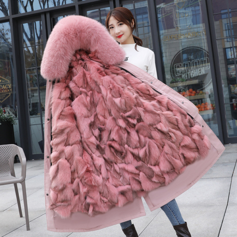 New Women's Mid-length Over The Knee Fox Fur Liner, Lively Face, Removable Winter Fox Fur Coat 201031