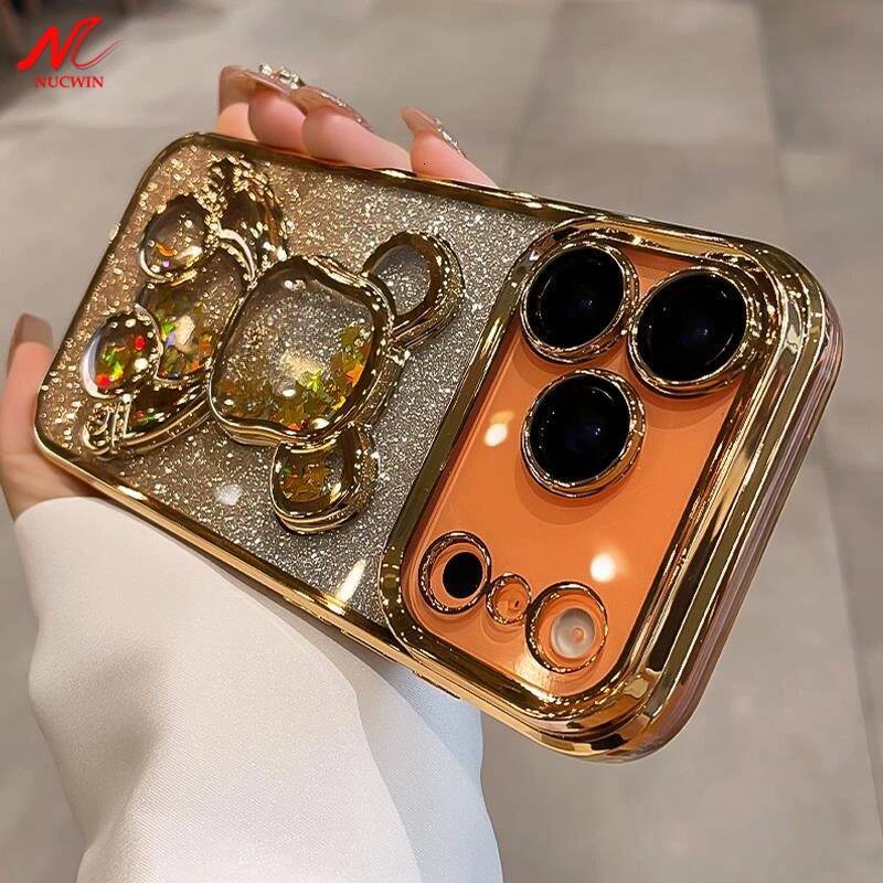 Cute Plating Quicksand Bear Case for iPhone 17 16 15 14 13 12 11 Pro Max Plus Air Glitter Bling Camera Protector Cover