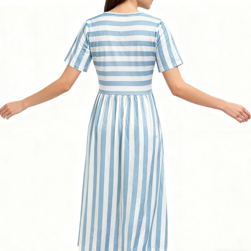 Women's Short Sleeve Striped Midi Dress - Minimalist French Elegant Dress for Outing & Party-CF50800