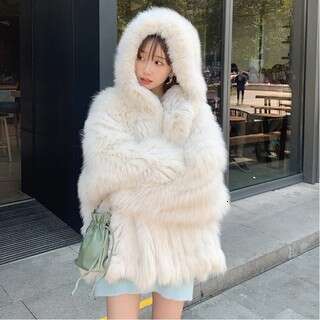 2025 Winter New Finnish Stripe Fox Knitted Coat With Hood Batwing Style Faux Fur Jacket