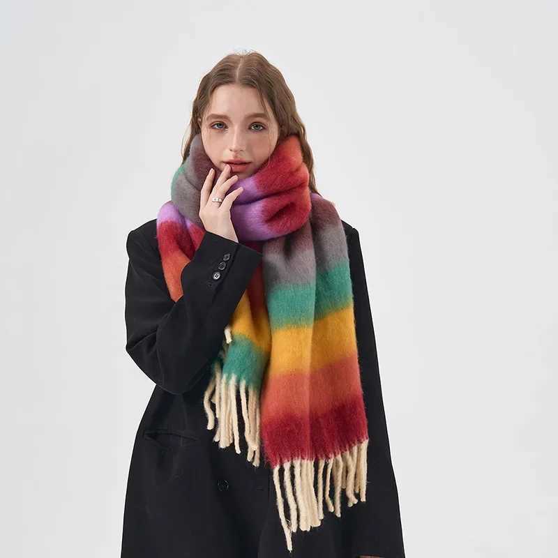 Tassel Scarf Colorful Rainbow Mohair Striped Fashion Couple Neckband Kawaii Winter Warm Thickened Cashmere Scarf Accessories L250928