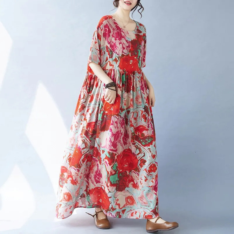 Women Casual Long Dress Arrival Summer Vintage Style Oneck Floral Print Loose Female Aline Holiday Dresses B3705 240628