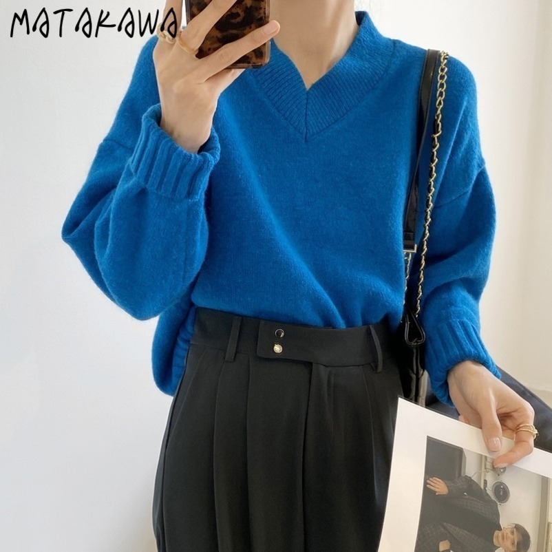 MATAKAWA Solid Woman Sweaters V-neck Basic Loose Sweaters Women Spring Pullover Long Sleeve Top 210513