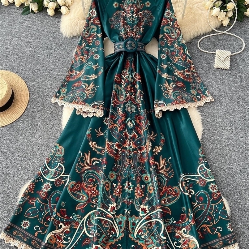 3XL 4XL Elegant Evening Floral Maxi Dresses Women Summer Autumn National Trench Flower Print Flare Full Sleeve Long Dress 250322