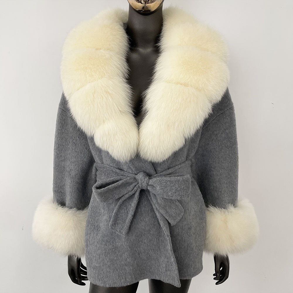 2024 New Autumn and Winter Oversized Fox Collar High-end Double-sided Fur Coat for Women, Mid-length Loose Woolen Jacket