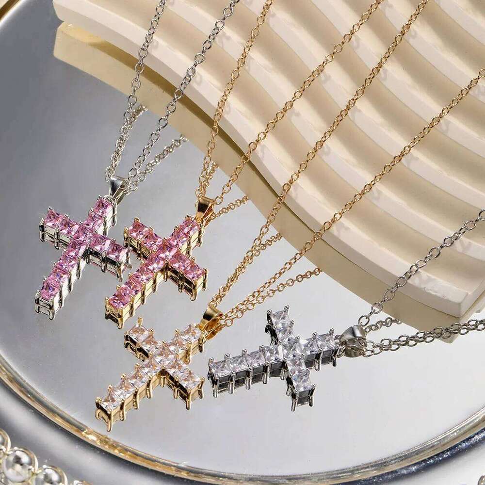 Fashion Crystal Jesus Cross Pendant Men Women Gold Multi Color Punk Hip Hop Catholic Amulet Necklace Female Jewelry