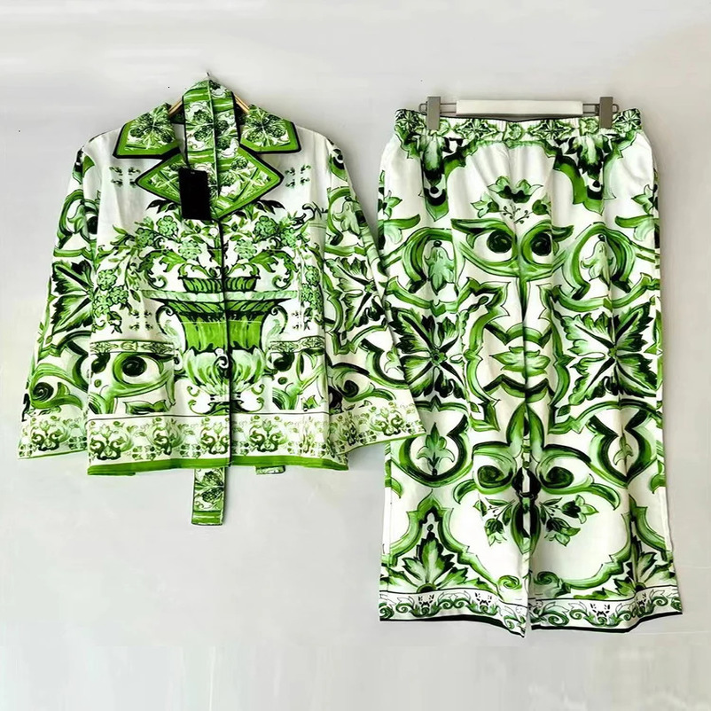 Retro geometric print loose pajama shirt twopiece set for spring womens clothingelastic waist wide leg pants fashion 250407