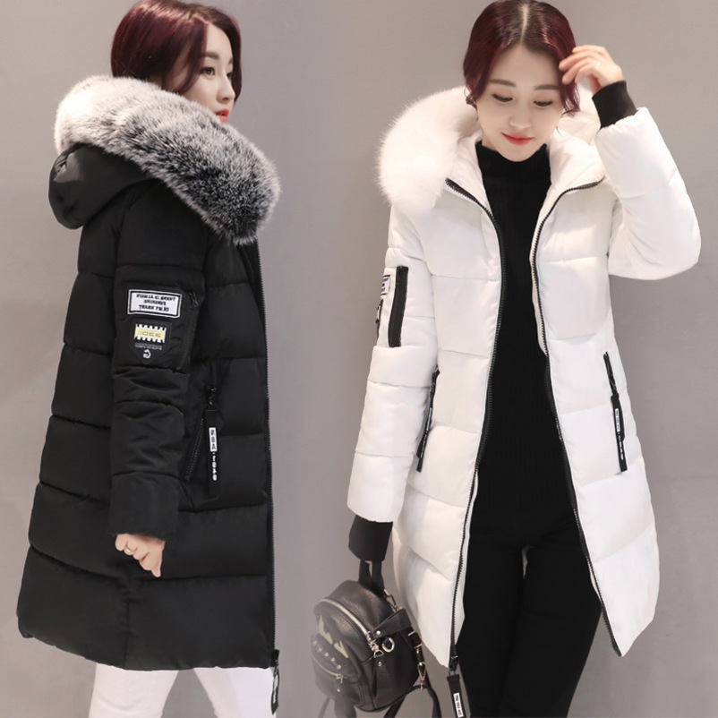 GOOHOJIO Arrival Slim Women Winter fur collar Jacket Cotton Padded Warm Thicken Ladies Coat Parka Womens Long coat Loose Style 201031