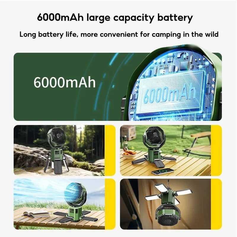 Eary Camping Solar Fan With 6000mAh Battery Powered Tent Camp Fan With Light 4 Speed Wind Adjustable Air Cooling Fan For Outdoor C250928