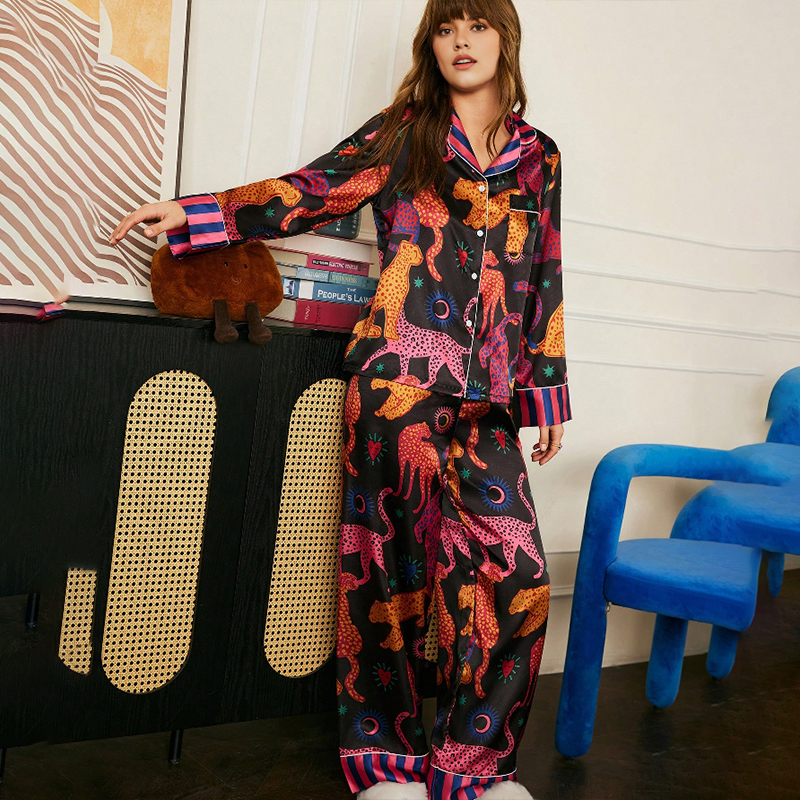 2025 New Women's Spring/Fall Silk Satin Leopard-Print Striped Long-Sleeve Pajama Set with Pants for Homewear