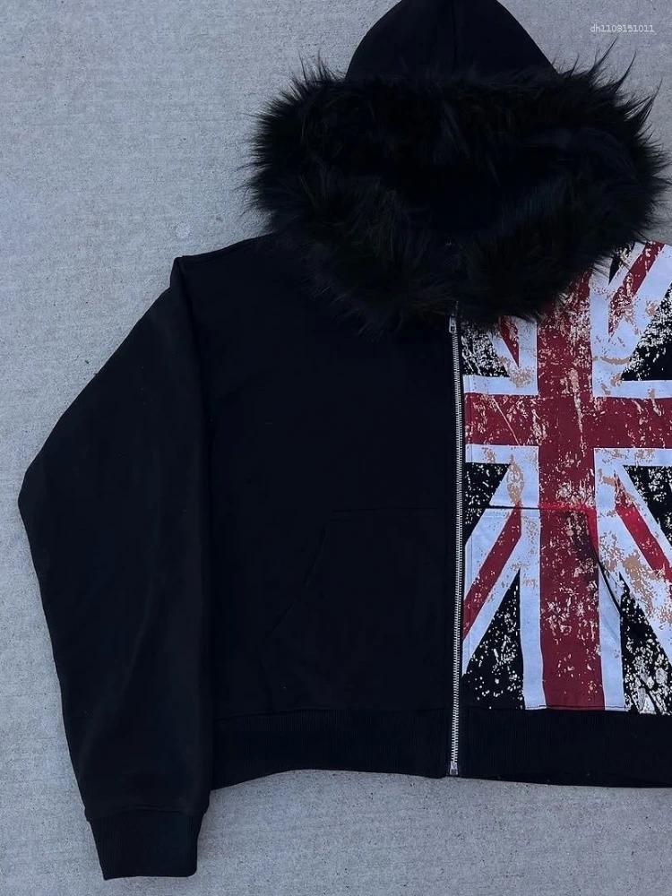 Men's Hoodies Women Aesthetic Fur Patchwork Grunge Printing Zippers Casual Hoody Harajuku Vintage Loose Pocket Sweatshirts Tops