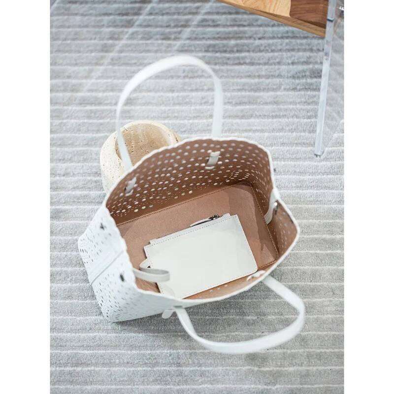 New Tote French Cowhide Handmade Niche Laser Engraved Hollow Leather Vegetable Basket Bag Casual Versatile Temperament