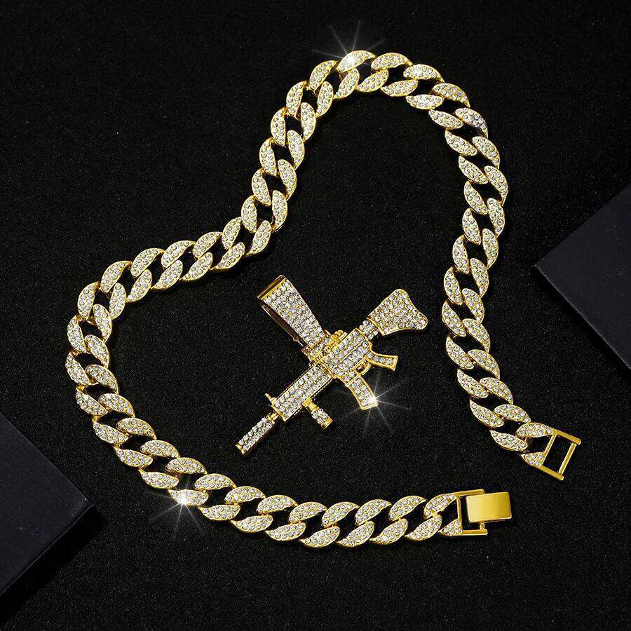 Mens Womens Crystal Gun AK47 Pendant Punk Hip Hop Rap Cuban Chain Necklace Jewelry Gift