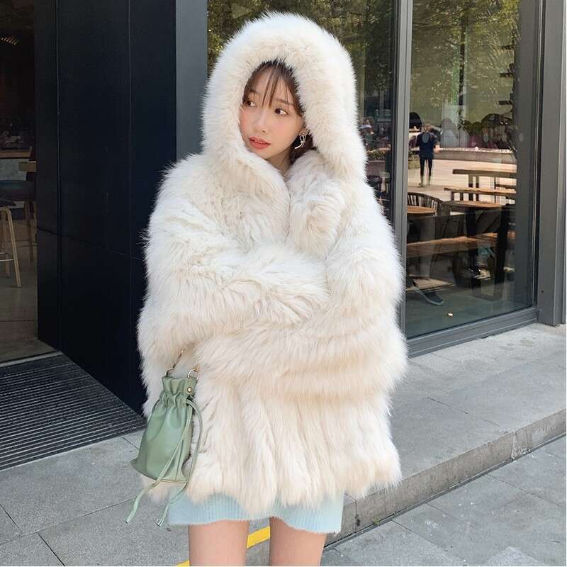 2025 Winter New Finnish Stripe Fox Knitted Coat With Hood Batwing Style Faux Fur Jacket