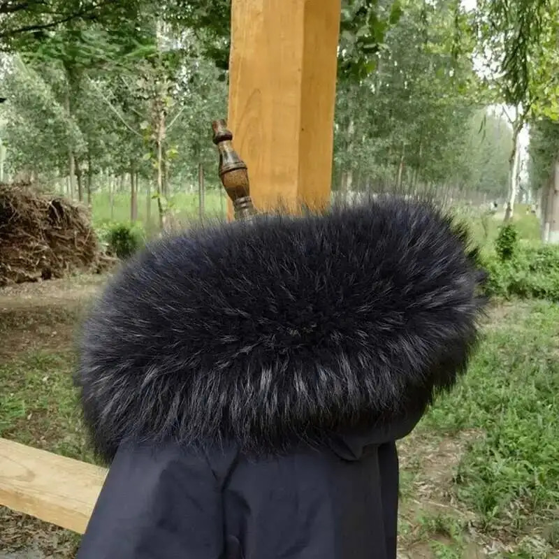 Real Raccoon Fur Collar For Winter Coat Hood Decor Furry Fur Collar Women Men Real Fur Shawl Warm Large Size Fur Scarf 250928