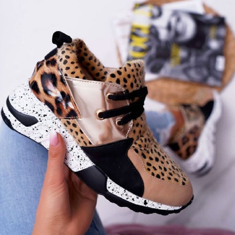 Designer women's single shoe thick sole leopard print color blocked lace up casual sports shoes 2025 new women's shoes