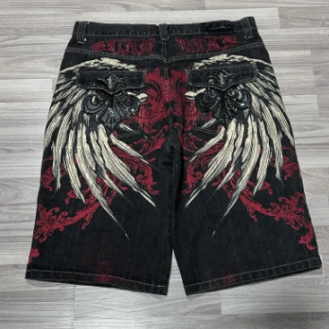 HipHop Gothic Dark Style Pattern Printed Denim Shorts for Men High Street Quirky Personality WideLeg FivePoint Shorts 240722