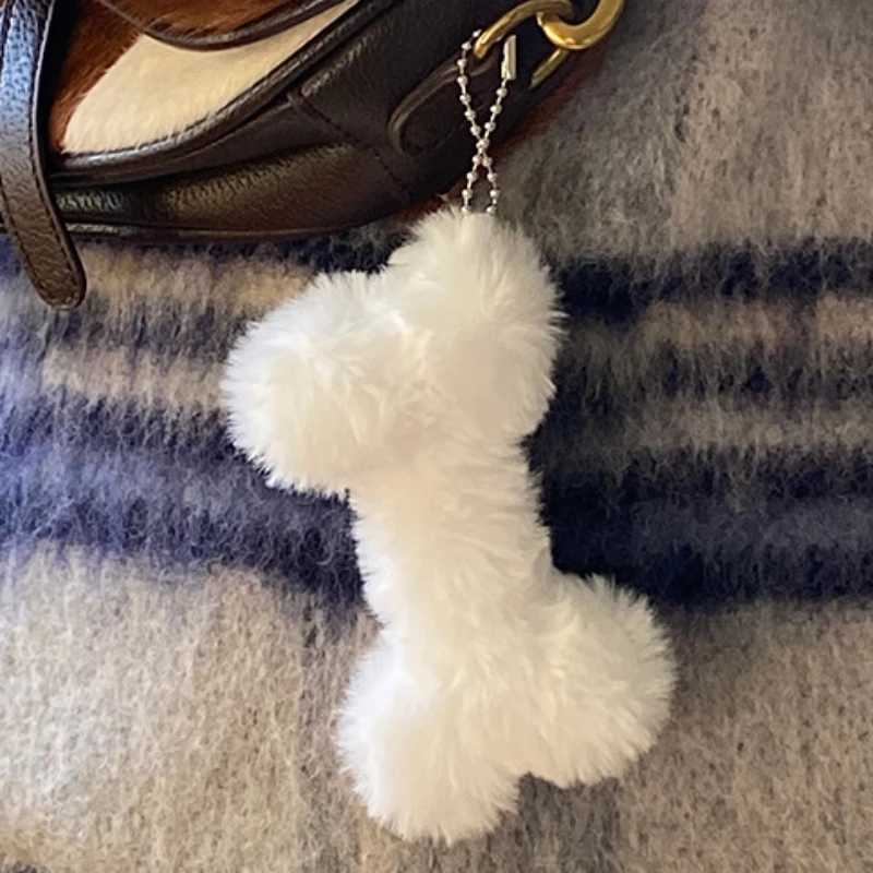 Plush Dog Bone Pendant Keychains Women Girls Cute Cartoon White Dog Bone Pendant Schoolbag Key Ring Doll Plush Toys AccessoriesXJ250928