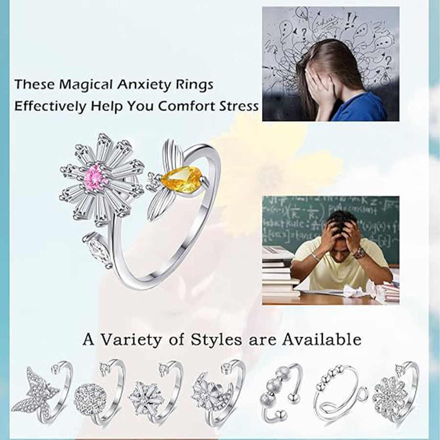 Fidget Anxiety Rings Rotatable Stress Relief Bead Ring Size Adjustable Open Design Ring Spinner Inlaid Cubic Zirconia Lotus Shape Ring Jewelry for Wom