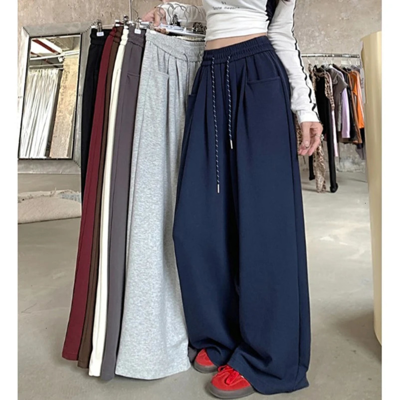 Autumn Women Hip Hop Style Baggy High Waisted Long Pants Lady Versatile Streetwear Solid Color Drawstring Wide Leg Trousers 250306