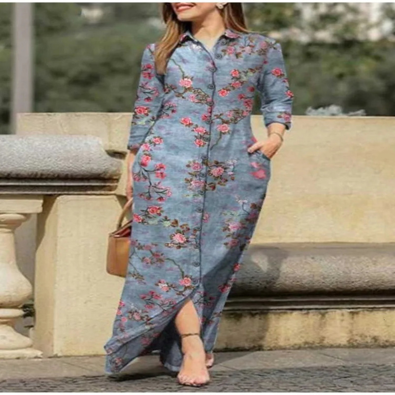 Vintage Flower Print Loose Shirt Dress Autumn Fashion Lapel Collar Button Women Casual Long Sleeve Pocket Maxi Dresses 240715