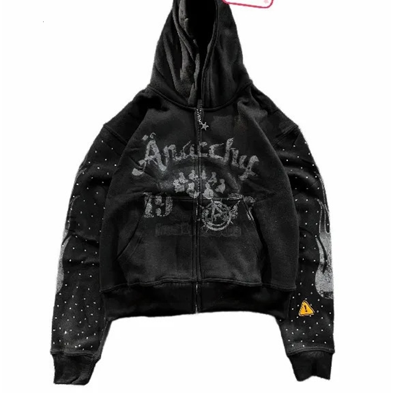 American Zipper Hoodies Y2K Clothes Mens Gothic Hip Hop Letters Graphics Rhinestones Vintage Hoodies Sweatshirts Zipper Jackets 250305