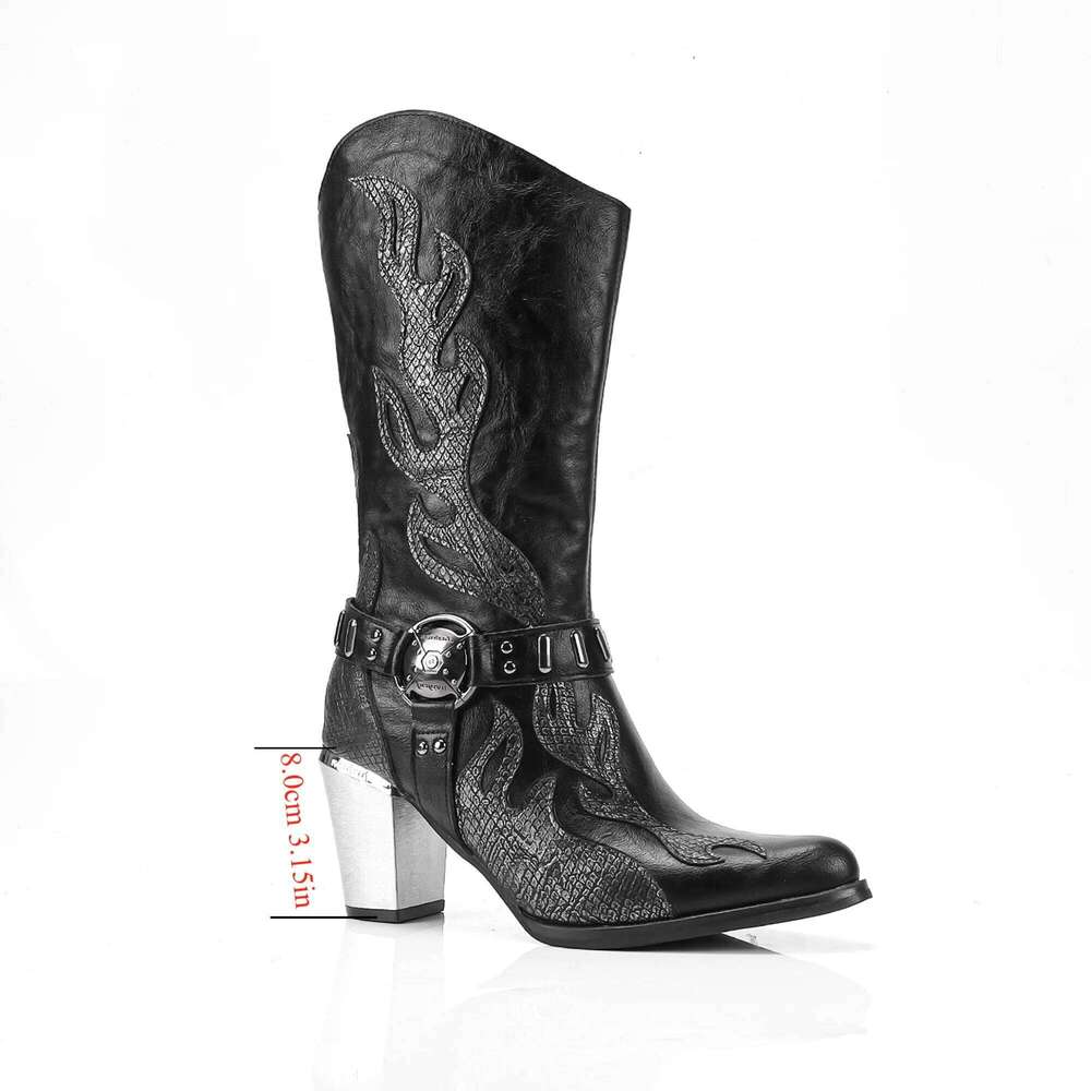 Western for Men Women, Animal Texture Flame Side Zipper Mid-Calf Boots with Thick High Heels and Pointed Toes