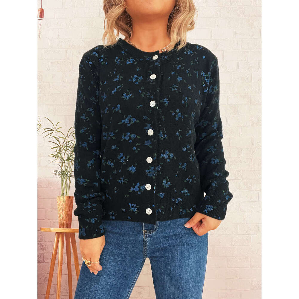 Autumn and Winter New Simple Floral Print Knitted Cardigan Commuter Round Neck Long Sleeve Jacket for Women