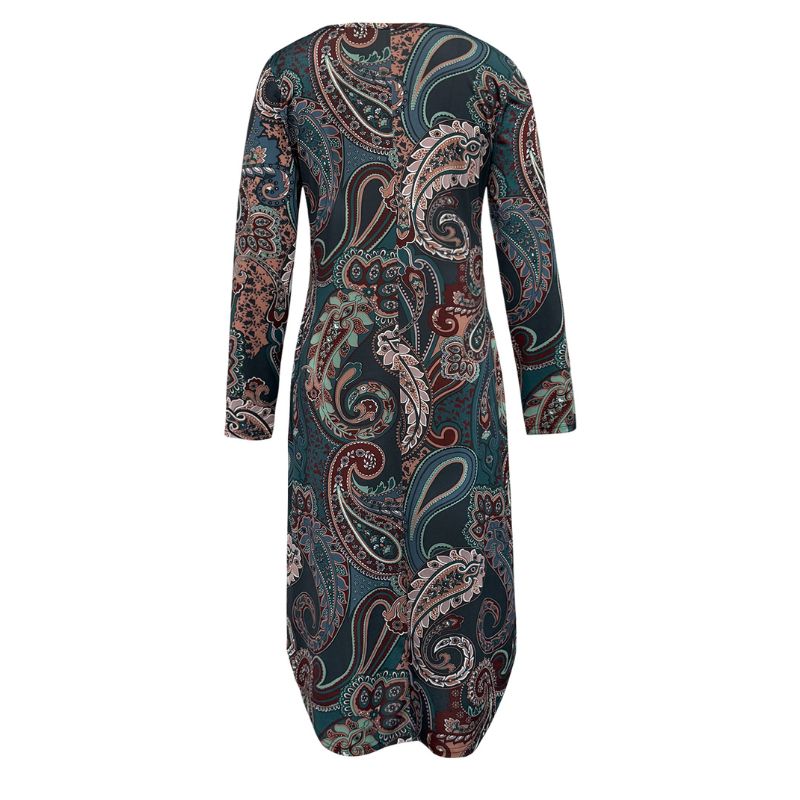 Women's Long Sleeve Paisley Print Maxi Dress - Autumn Winter Vintage Elegant Office Commute Dress-CF43293