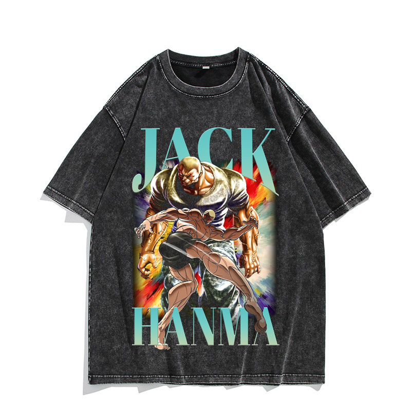 European & American Washed Vintage Short-Sleeve T-Shirt Anime Jack Hanma American High-Street Top - TT8339