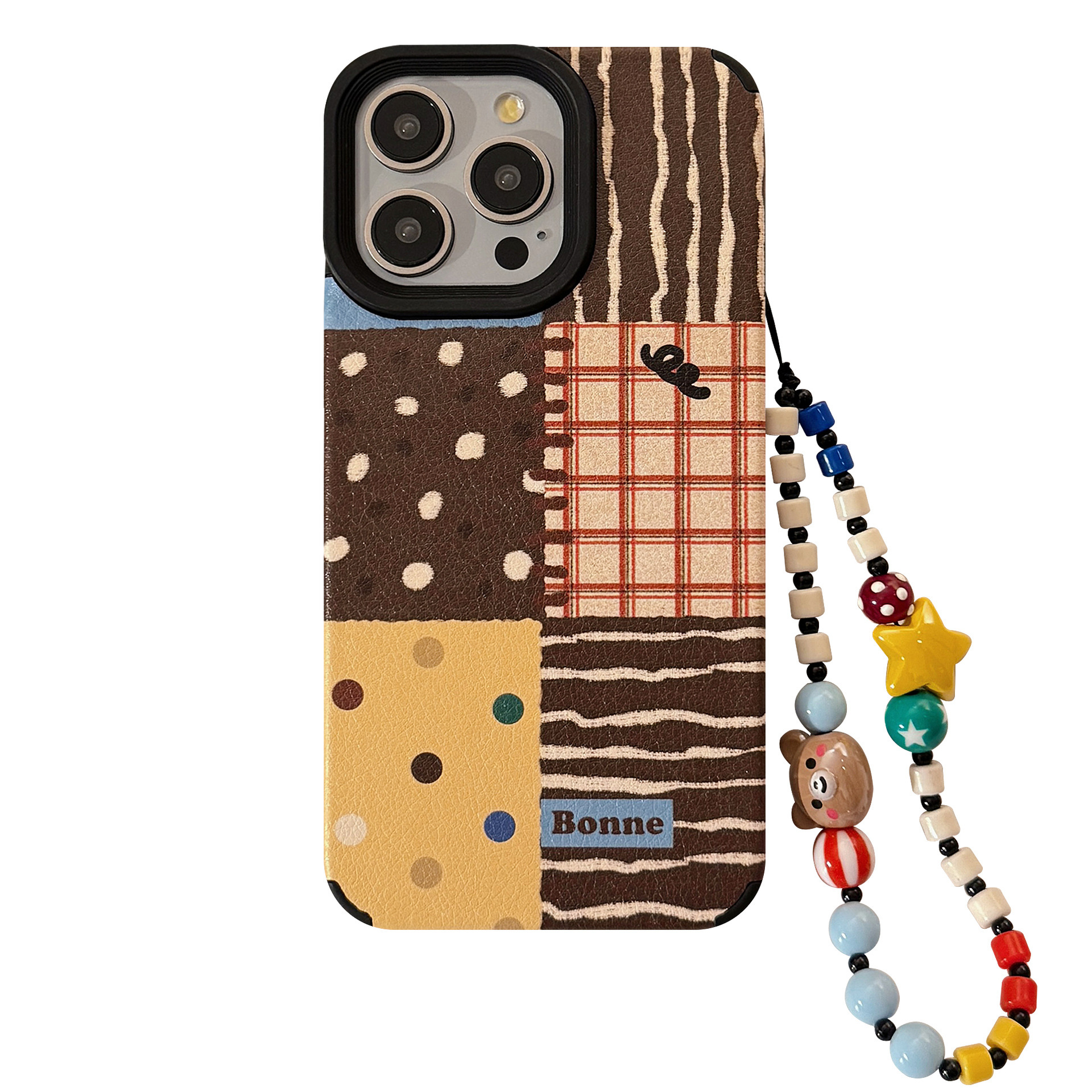 INS Polka Dot Patchwork Compatible iPhone 17 Apple 16 Phone Case 15 Pro Max Leather 14 with Chain 13