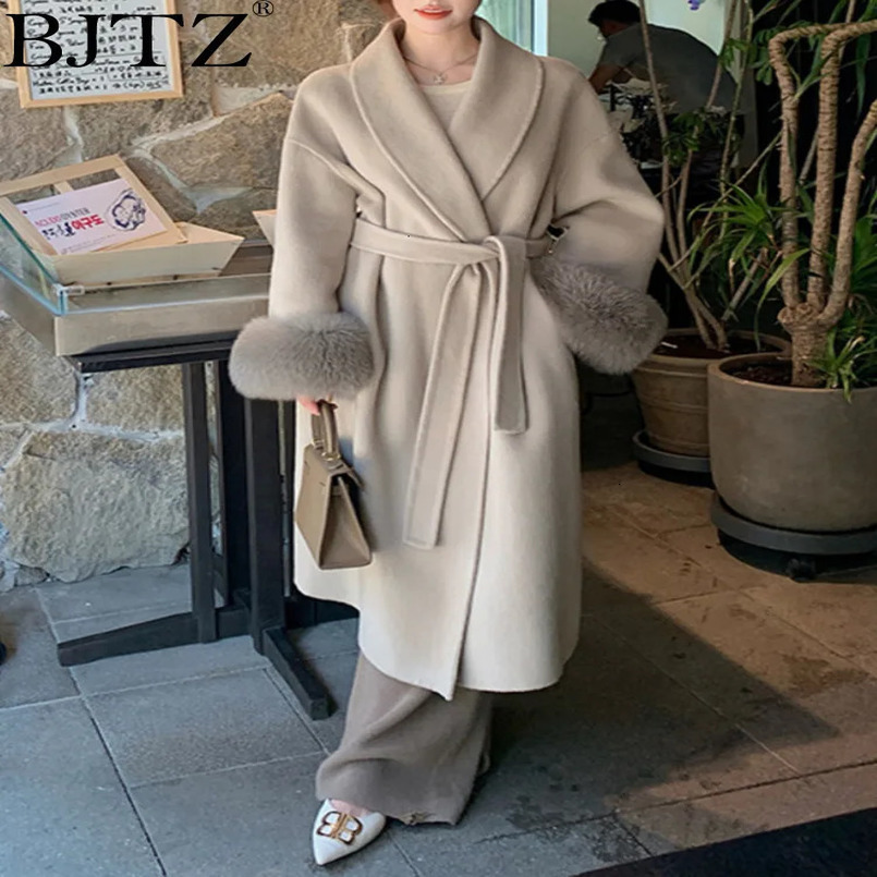 BJTZ Autumnwinter Doublesided Cashmere Coat Womens Long Detachable Fox Fur Sleeve Woolen Fashion Temperament 241126