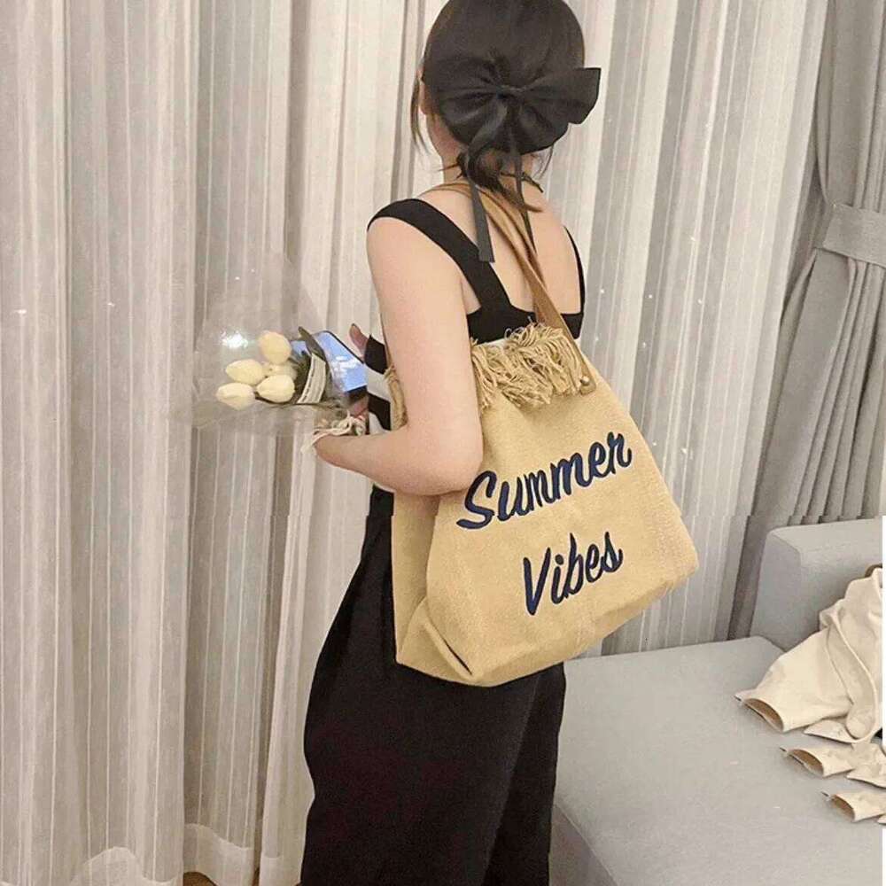 Handbag Woman Design Simple Niche Travel Beach Tote Bag Tassel Letter Embroidery Fashion Large Capacity Shoulder Bags 2022