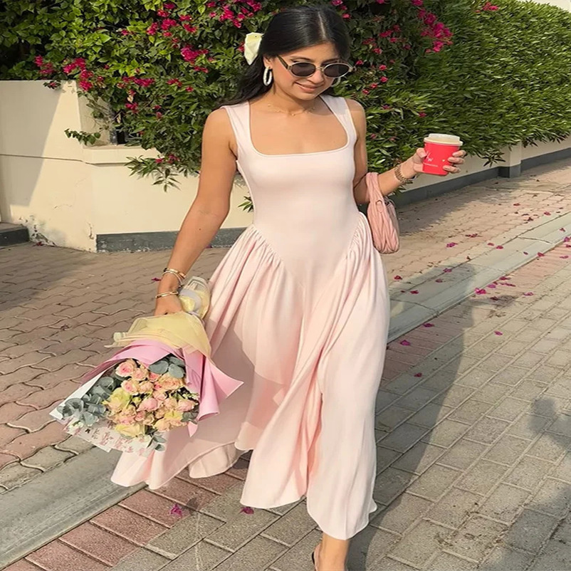 Solid Camisole Dress Woman Elegant Pleated Square Neck Sleeveless ALine Slim Long Dresses Female Summer Street Vestido 250611