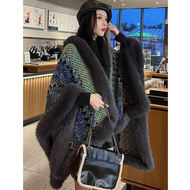 Novelty Vintage Fluffy Hollow Knit Cape Full Faux Fox Fur Trims Coat Women Autumn Winter Fashion Colorful Cardigan Cloak Wraps
