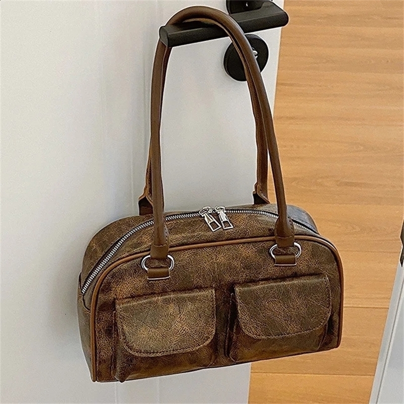 Retro Small Double Pockets Shoulder Bags for Women 2024 Fashion Trend Underarm Bag Female Handbags and Purses 240820ZYl