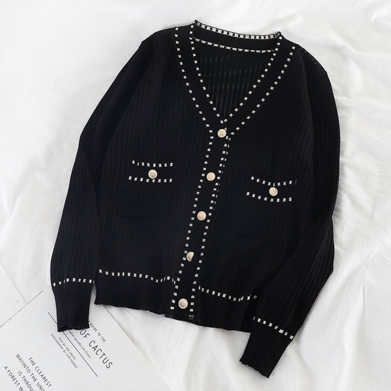 Spring Autumn Women's Cardigan New Single-breasted Stitching Cardigan Korean Style Loose and Thin Knit Female Sweater Coat LL295 201031