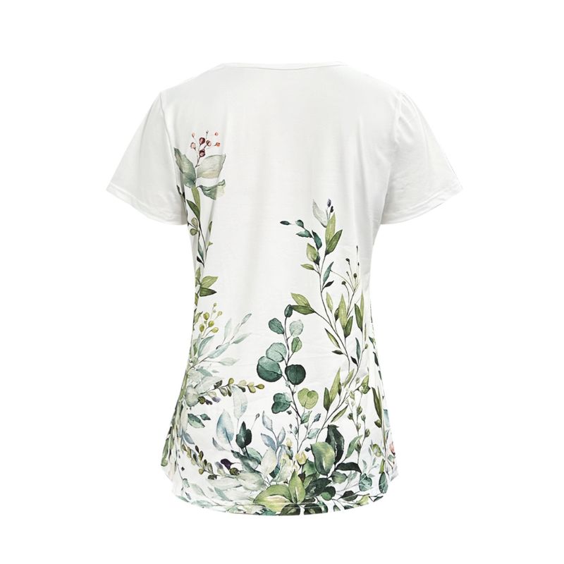 Women's V-Neck Short Sleeve Floral Leaf Print Casual T-Shirt-CF25495