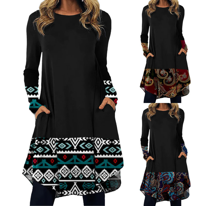 Women Black Print Bohemian Vintage Dresses Long Sleeve Casual Loose Boho Dress for Lady Autumn Spring Clothing 240628