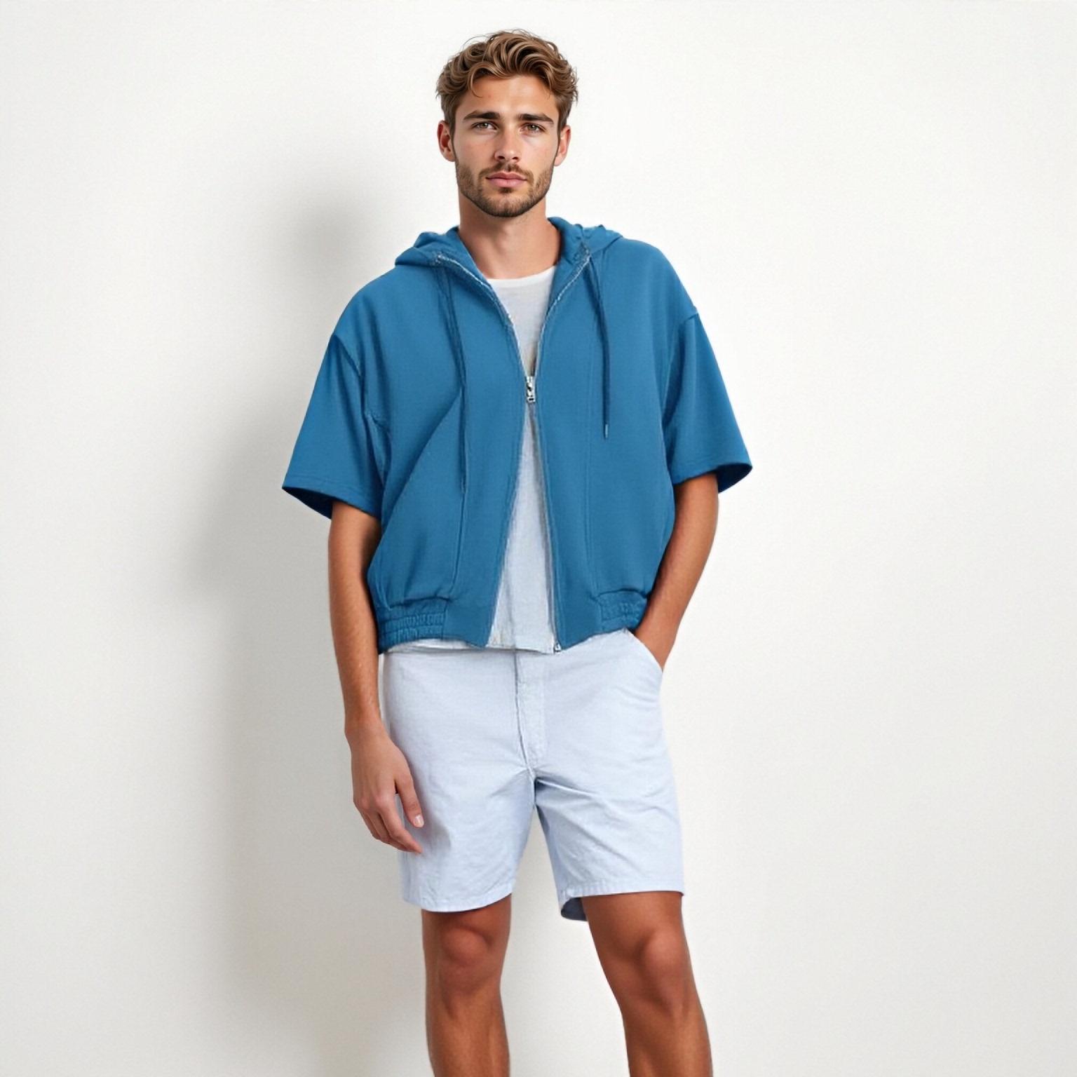 New Summer Zip Short-Sleeve Outerwear - Hooded Solid T-Shirt with Pocket, Drawstring, Unisex Casual Top, Customizable Design-01016