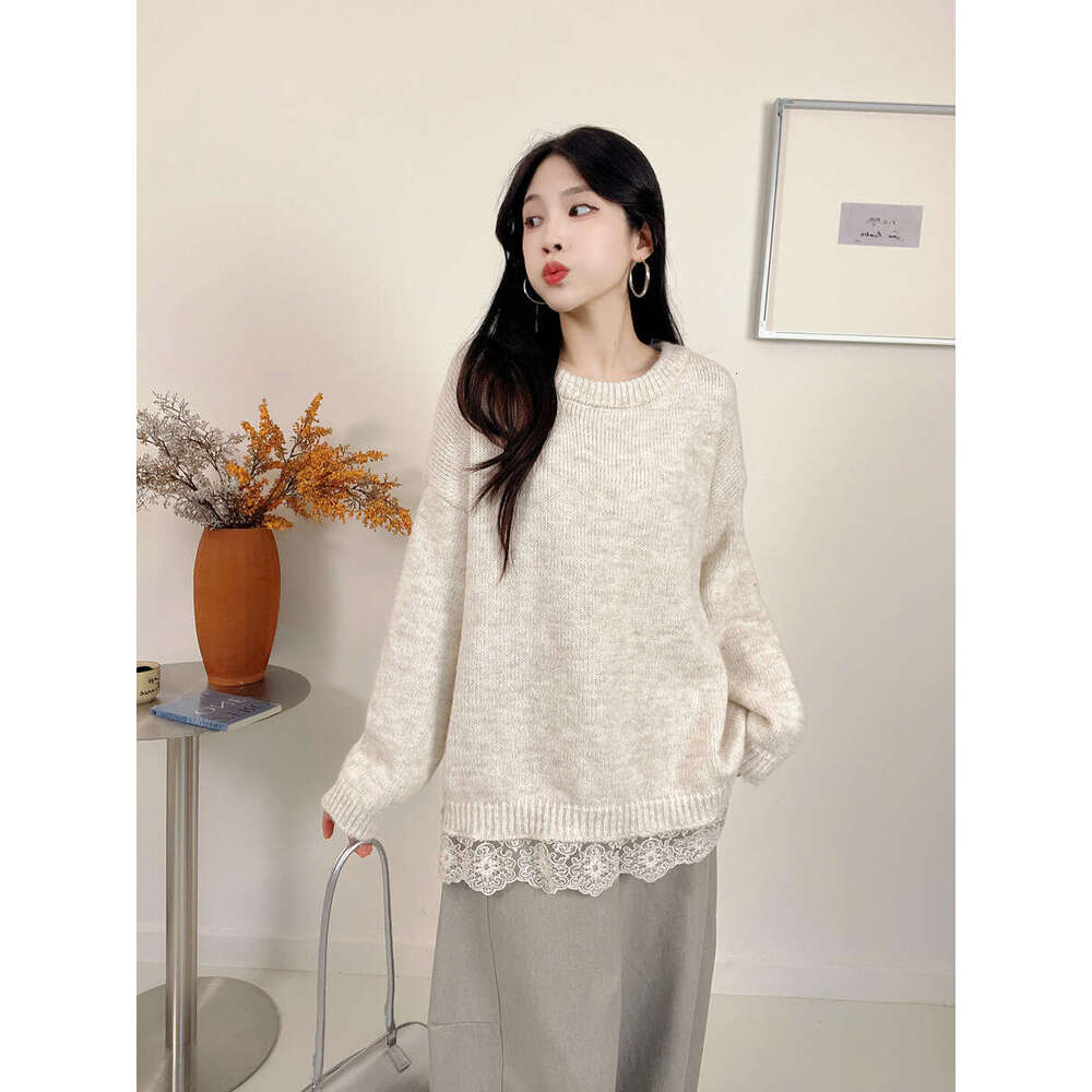 Sweet Lace Gentle Lazy Style Sweater for Women Autumn Elegant Tie Design Knitted Top
