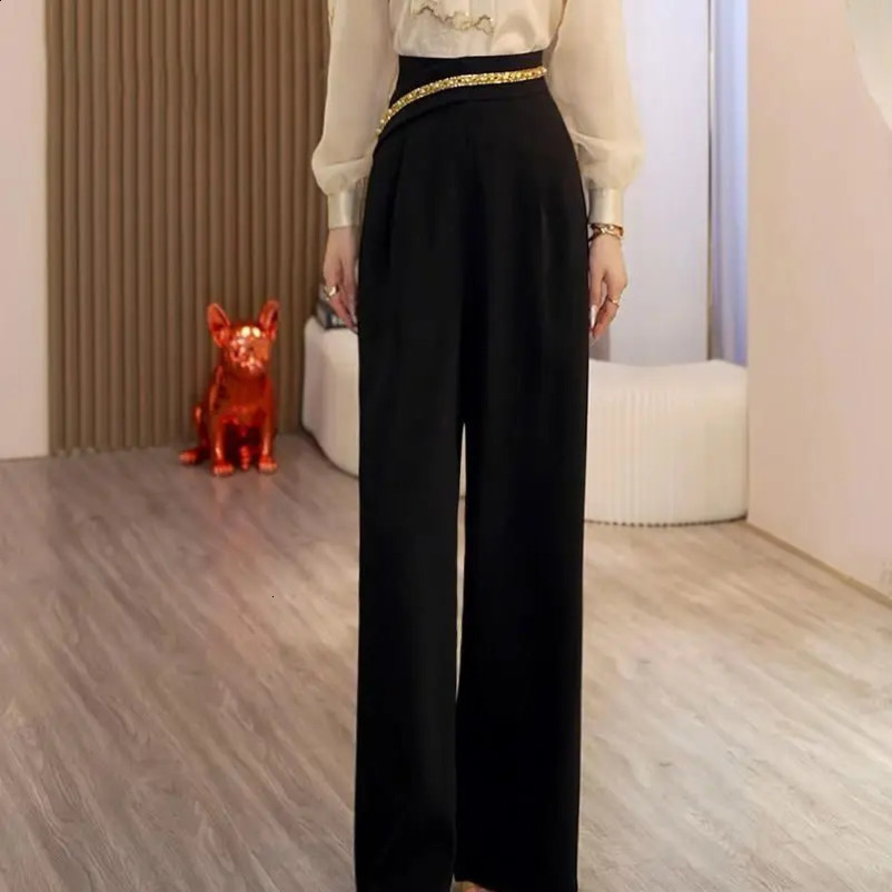 French Style Black Pants Women Autumn with Diamond Studded High Waisted Wide Leg Loose Straight Casual 250106