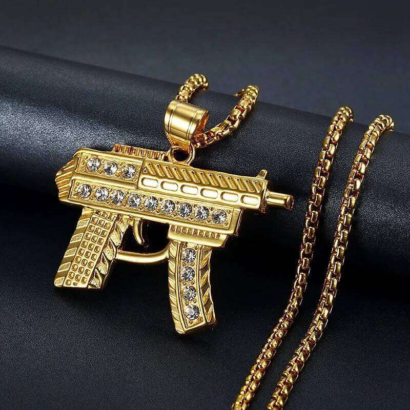 Fashion Gold Color Subhine gun Link Chain Pedant Necklace zircon Stainless steel Choker Hip Hop For Men Jewelry Collier Male