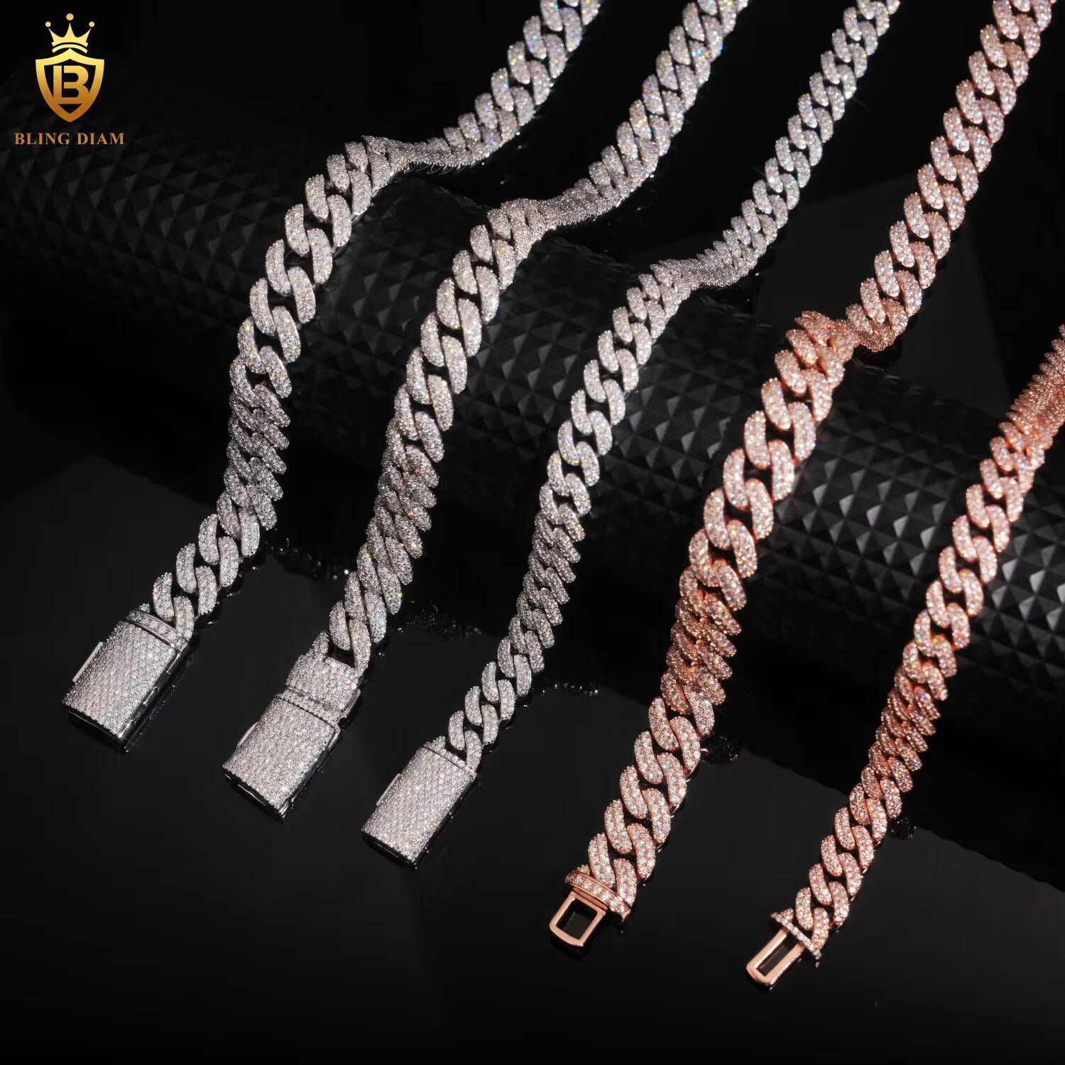 Wholesale Price Solid Silver 925 Rose Gold Cuban 10mm 12mm 13mm Iced Out VVS Moissanite Cuban Chain Necklace